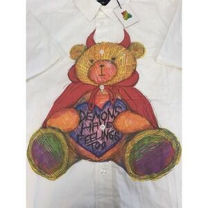 NWT Teddy Fresh "DEMONS HAVE FEELINGS TOO" Teddy Bear Button Shirt‎ White MEDIUM